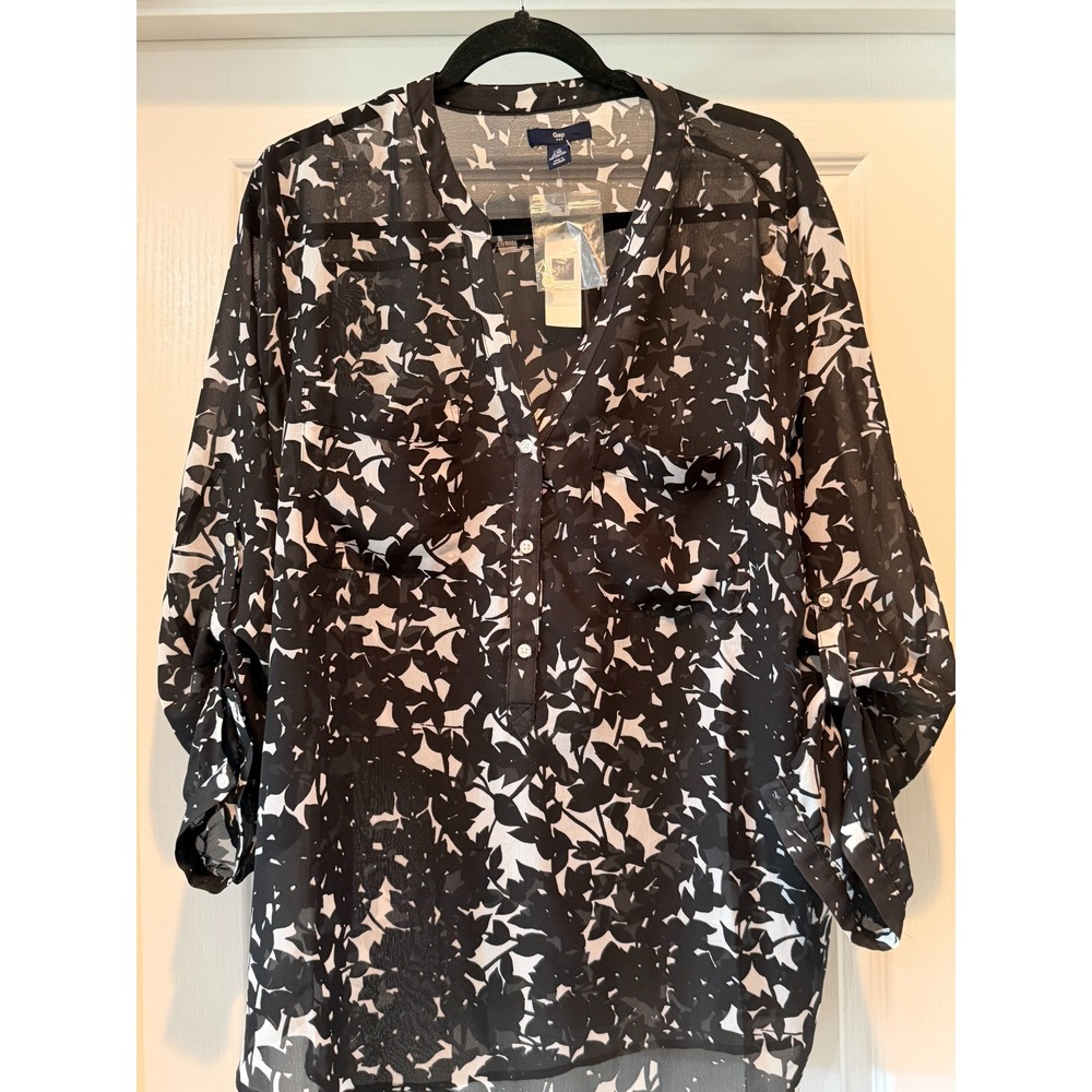 NWT Gap Blouse 2X Women's Black White Floral Semi Sheer Goth Witchy Romantic